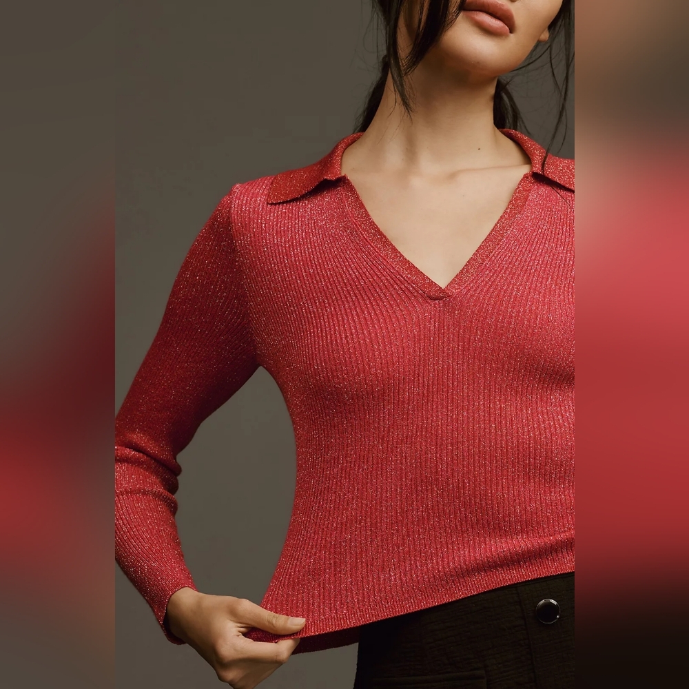 NWT Maeve V-Neck Lurex Polo Sweater